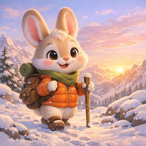 Sunrise Trail Bunny Explorer puzzle in a snowy mountain landscape