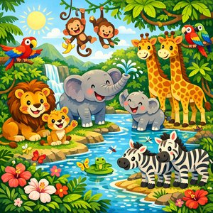 Jungle Safari Fun puzzle with cartoon animals by the river