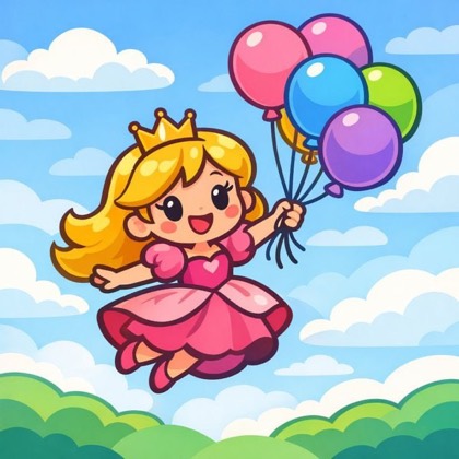 Princess flying with colorful balloons in a bright sky puzzle