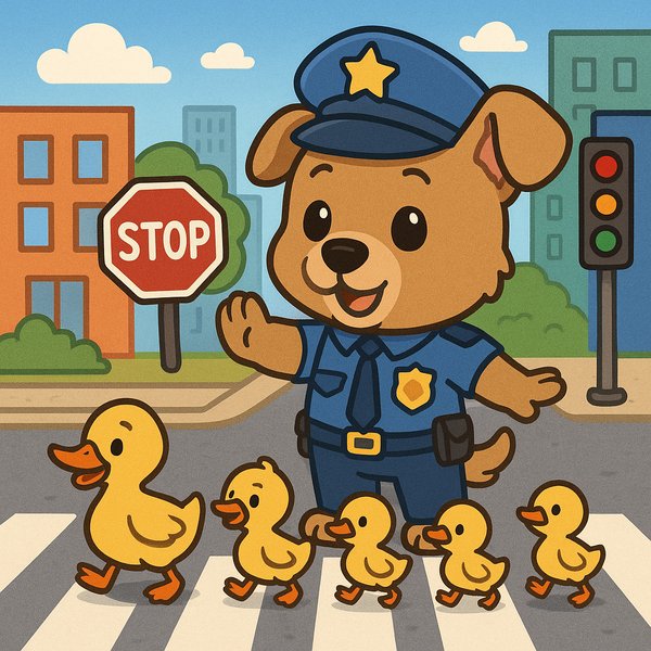 Puppy police officer helping ducklings cross the street